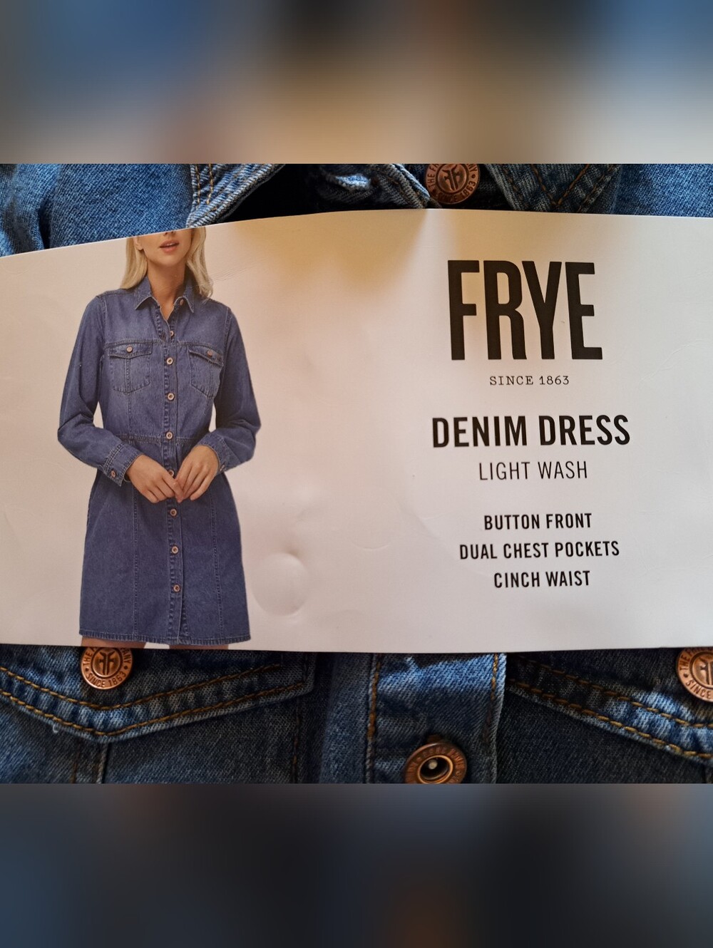 FRYE brand new DENIM DRESS light wash BUTTON FRONT cinch waist SIZE MEDIUM